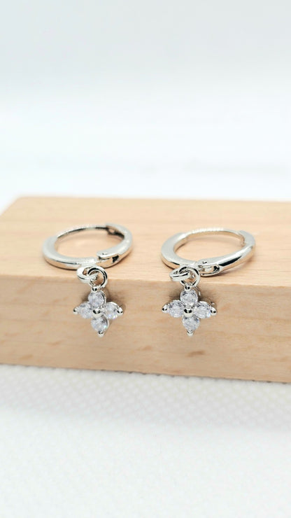 Silver Tone Flower Drop Hoop Earrings Crystal Dangle Floral Earrings Minimalist