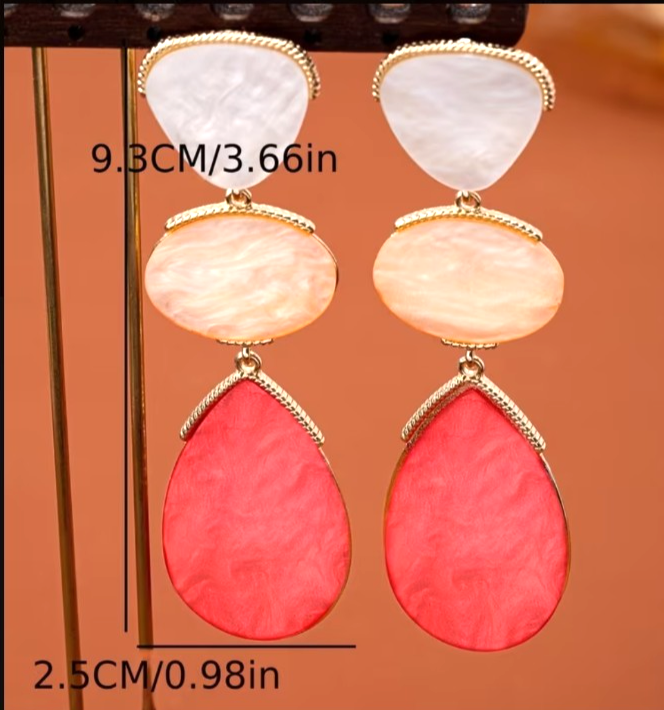 Gold Pink Coral Drop Earrings Large Multi Layer Marble Geometric Statement Gift