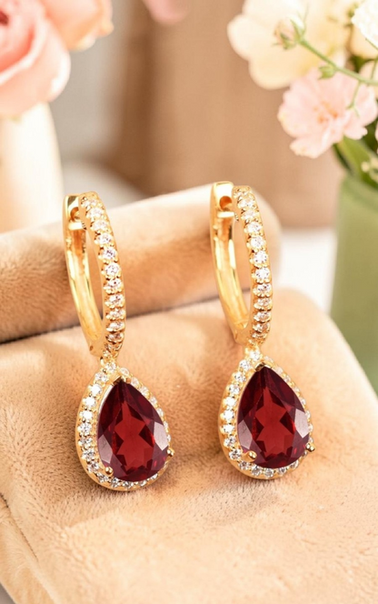 Gold Plated Drop Earrings Red Crystal Halo Pear CZ Dangle Huggie Women Gift