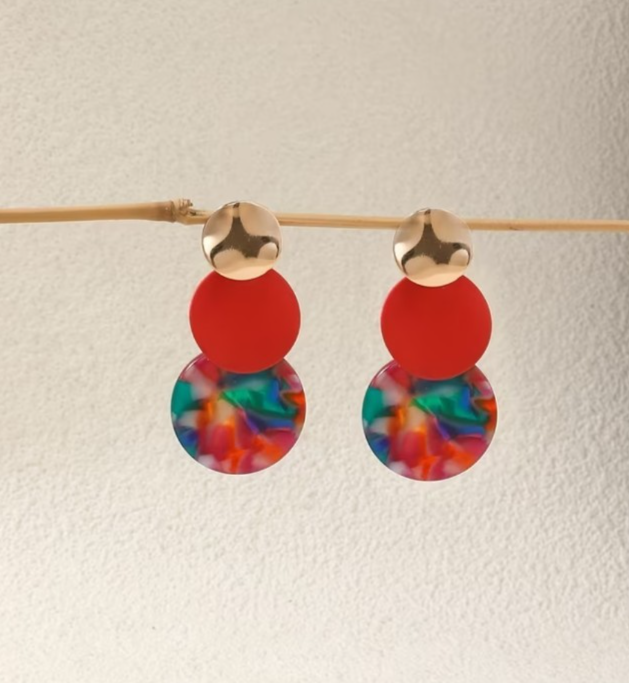 ​Gold Plated Acrylic Resin Drop Earrings Tortoiseshell Red Geometric Statement U