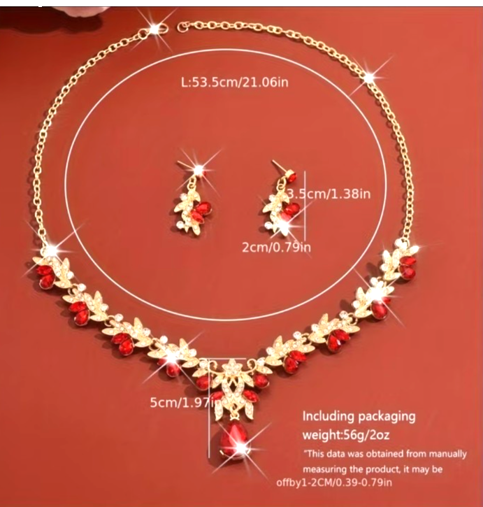 Vintage Gold Red Crystal Statement Necklace Earrings Set Costume Jewellery Gift