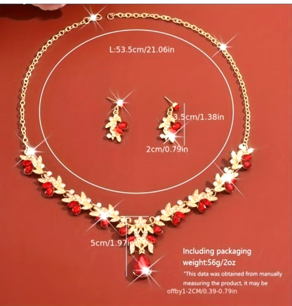 Vintage Gold Red Crystal Statement Necklace Earrings Set Costume Jewellery Gift