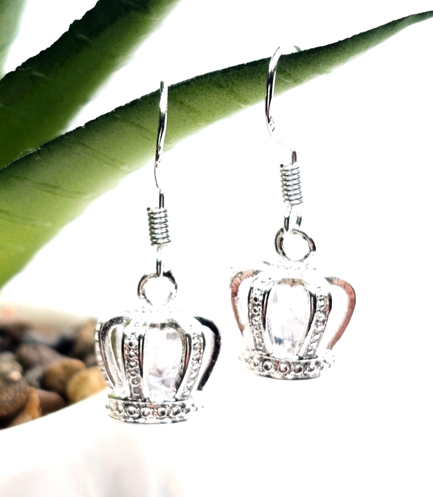 Silver Crown Drop Earrings • Sparkly Gemstone • Princess Style • Gift for Her
