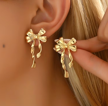 ​Gold Bow Stud Earrings Stainless Steel Tarnish Resistant Ribbon Drop Gift 3cm