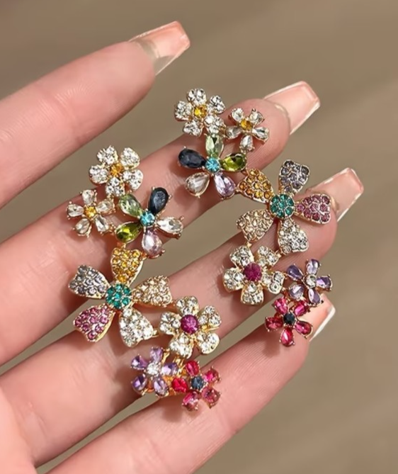 Colorful Crystal Flower Ear Cuff Earrings Full Ear Climber Clip On Statement Par
