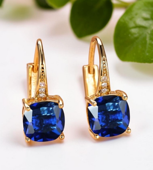 Gold Blue Sapphire Drop Earrings Cushion Cut Leverback Cushion Dangle UK