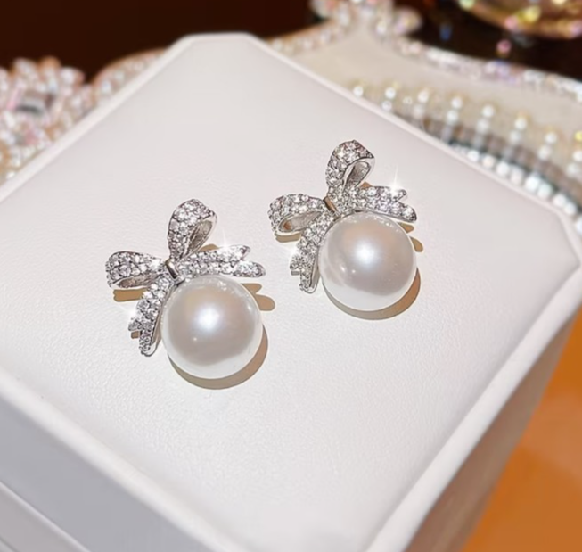 Silver Bow Pearl Earrings Rhinestone Crystal Ribbon Studs Wedding Bridal Gift