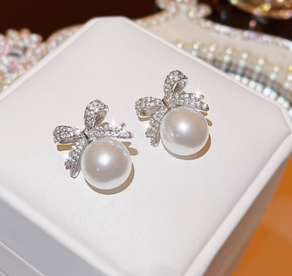 Silver Bow Pearl Earrings Rhinestone Crystal Ribbon Studs Wedding Bridal Gift