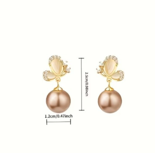 Gold Champagne Pearl Earrings Cute Sparkling Crystal Butterfly Drop Dangle Gift