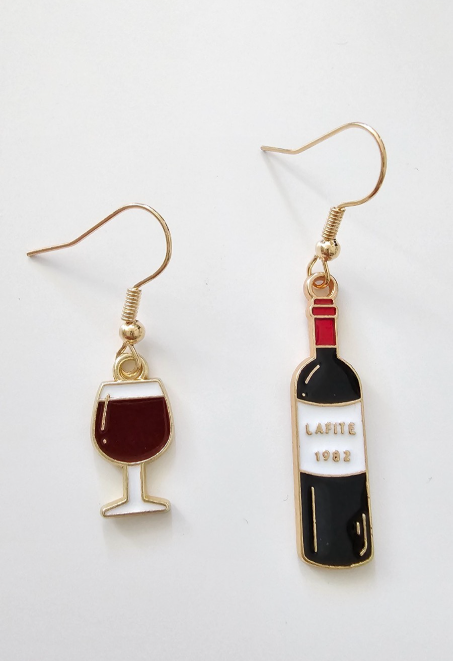 Wine Bottle & Glass Dangle Earrings Gold Tone Novelty Drink Lover Cute Gift