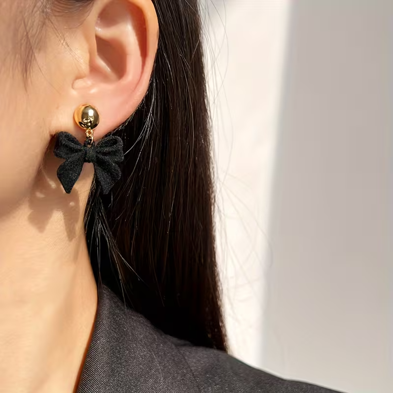 Black Velvet Bow Drop Earrings Gold Tone Statement Fashion Jewellery