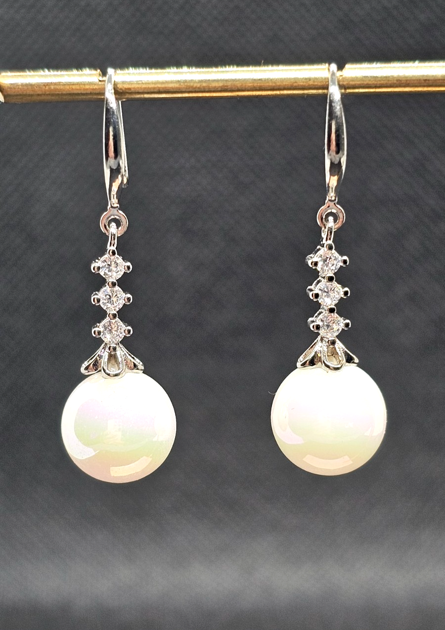 Silver Crystal Dangle White Pearl Drop Earrings Bridal Wedding Elegant Jewelry