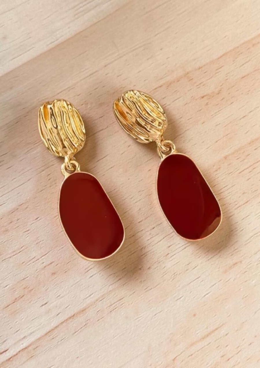 ​Gold Burgundy Red Drop Earrings Textured Enamel Geometric Retro Dangle Gift