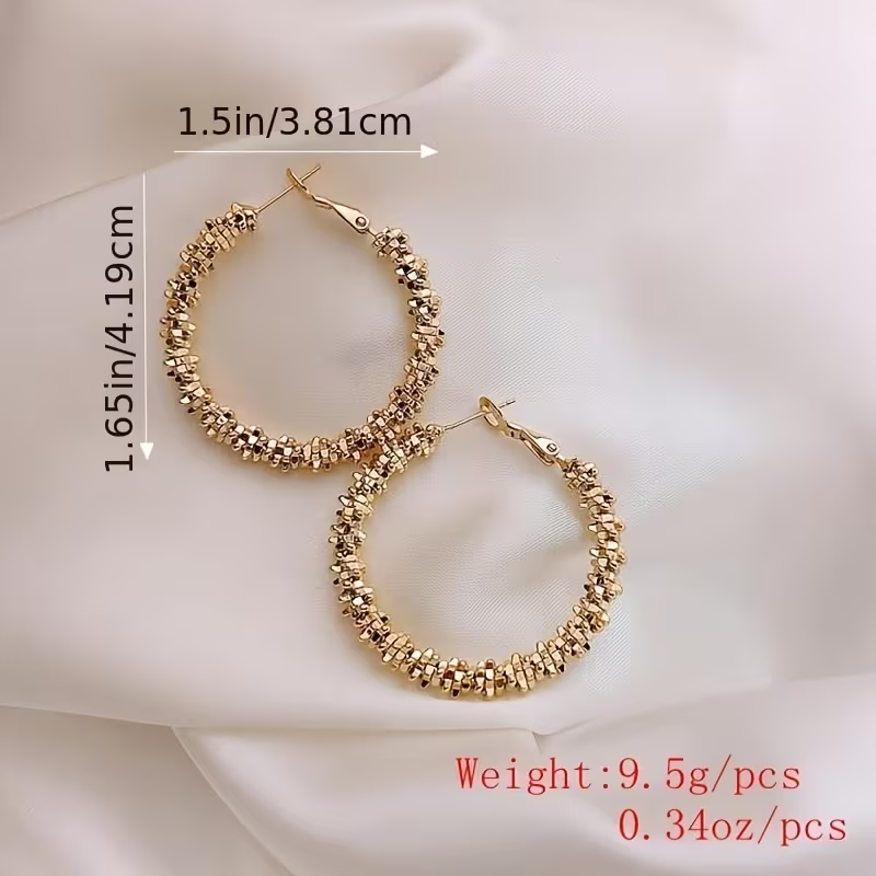 Gold Textured Hoop Earrings Chunky Statement Beaded Circle Jewellery