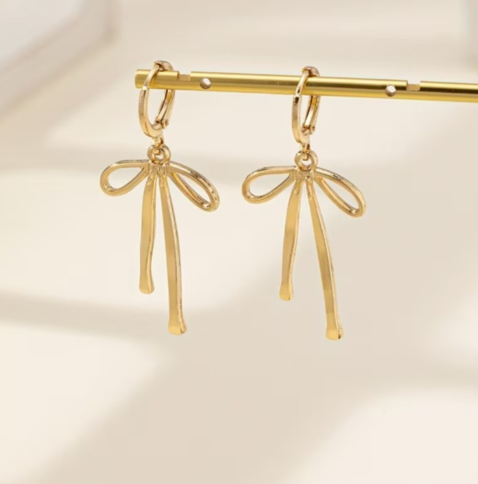 Gold Ribbon Bow Huggie Earrings Dainty Ribbon Drop Hoop Coquette Balletcore Gift