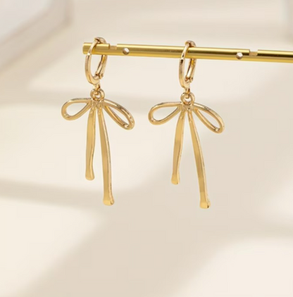 Gold Ribbon Bow Huggie Earrings Dainty Ribbon Drop Hoop Coquette Balletcore Gift