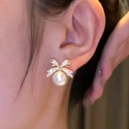 ​Gold Ribbon Bow Stud Earrings Pearl Drop Cubic Zirconia Dainty Coquette Gift