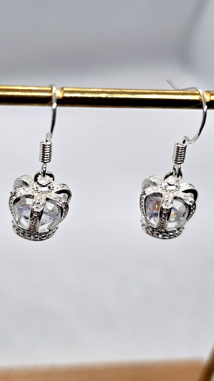 Silver Crown Drop Earrings • Sparkly Gemstone • Princess Style • Gift for Her