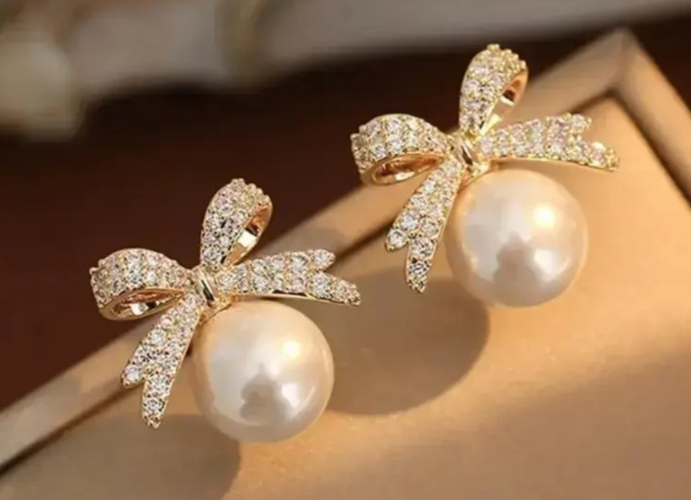 ​Gold Ribbon Bow Stud Earrings Pearl Drop Cubic Zirconia Dainty Coquette Gift