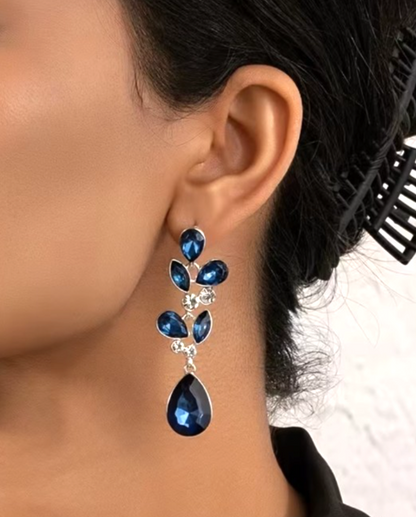 Silver Leaf Teardrop Earrings Blue Marquise Gem Cluster Statement Prom Dangle UK