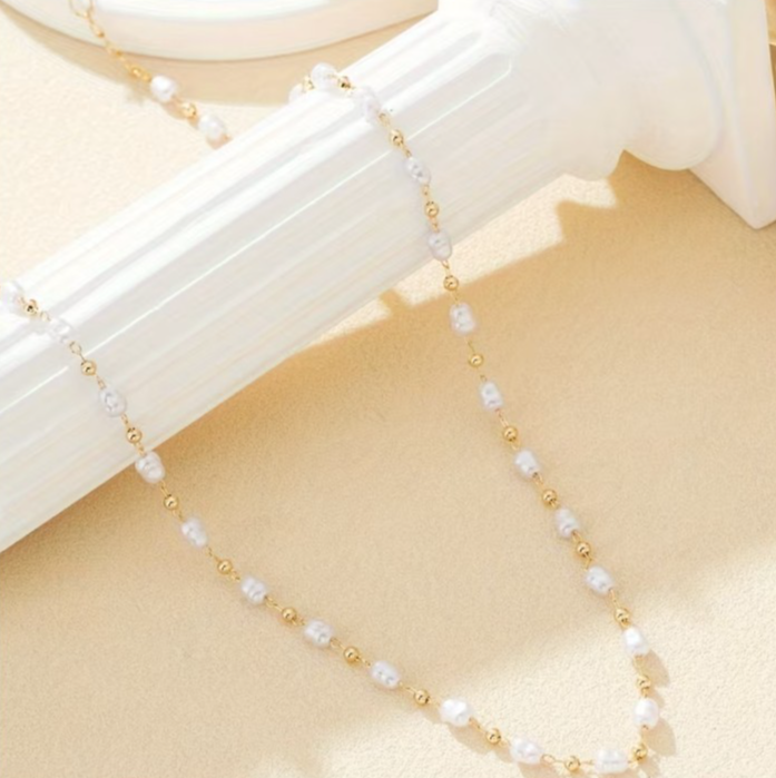Dainty Pearl & Gold Bead Chain Choker Necklace Women Minimalist Clavicle Layerin
