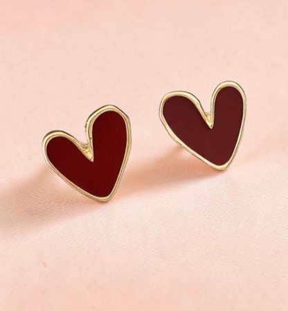 Gold Deep Red Heart Stud Earrings Vintage Boho Dainty Burgundy Minimalist Gift