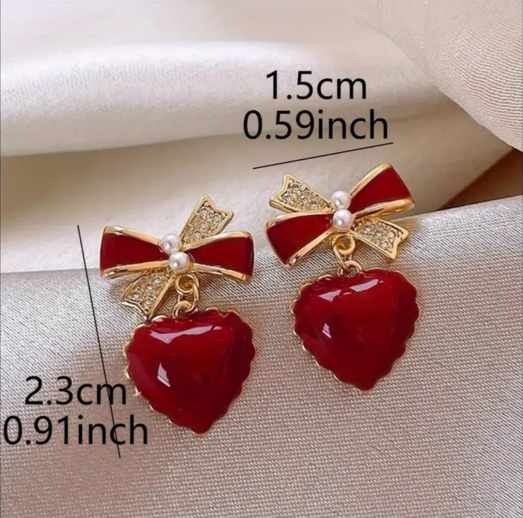 Red Heart Drop Earrings Gold Tone Bow Crystal Dangle Earrings Cute Romantic Gift