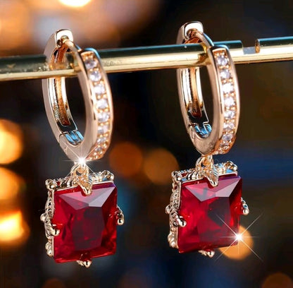 Gold Red Rectangle Hoop Earrings CZ Pavé Huggie Cushion Drop Dangle UK