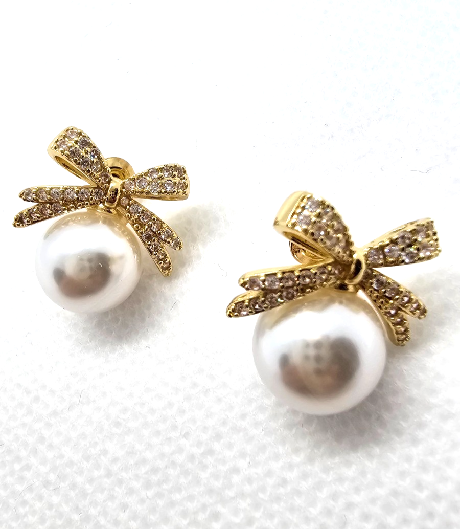 ​Gold Ribbon Bow Stud Earrings Pearl Drop Cubic Zirconia Dainty Coquette Gift