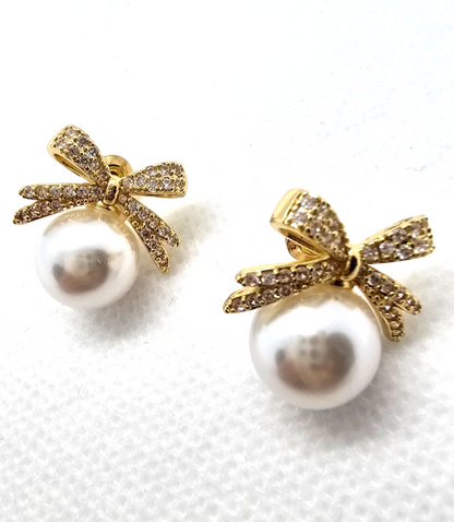 ​Gold Ribbon Bow Stud Earrings Pearl Drop Cubic Zirconia Dainty Coquette Gift