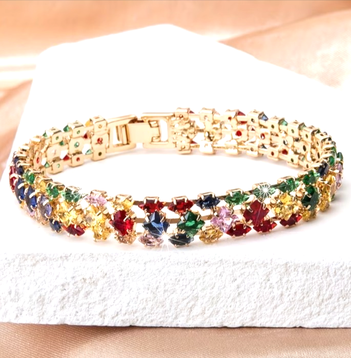Rainbow Multicolour Crystal Tennis Bracelet Gold Tone | 18.5cm | Sparkly Gift Je