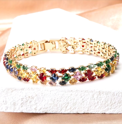 Rainbow Multicolour Crystal Tennis Bracelet Gold Tone | 18.5cm | Sparkly Gift Je