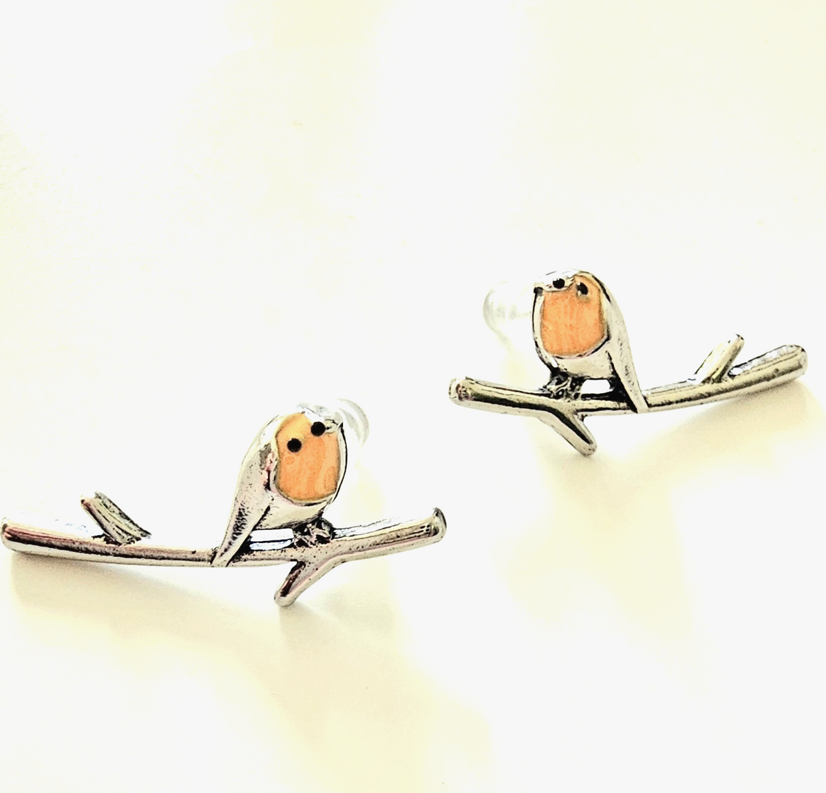 ​Silver Robin Bird Stud Earrings Redbreast Climber Ear Crawlers Cute Wildlife