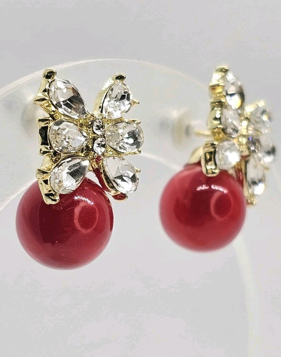 Gold Red Pearl Bow Drop Earrings Crystal Marquise Rhinestone Ribbon Studs Gift