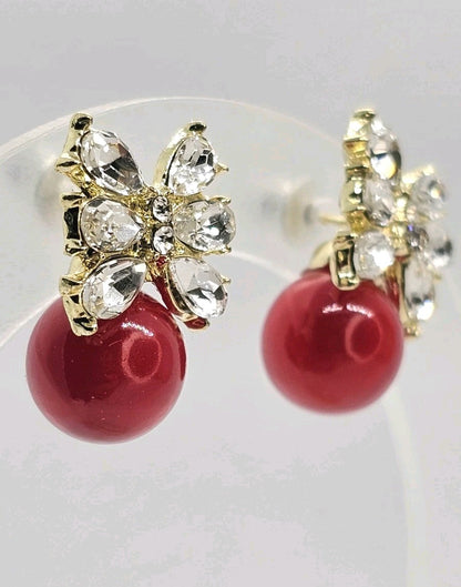 Gold Red Pearl Bow Drop Earrings Crystal Marquise Rhinestone Ribbon Studs Gift