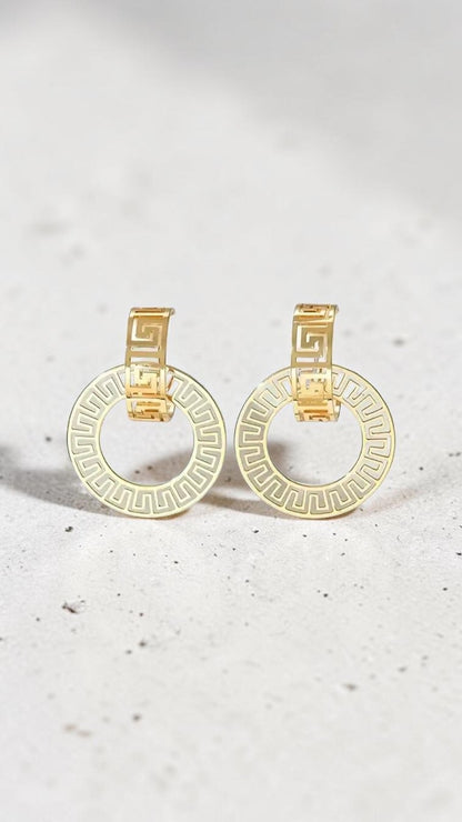 ​Gold Greek Key Earrings Geometric Circular Hoop Drop Dangle Cutout Statement