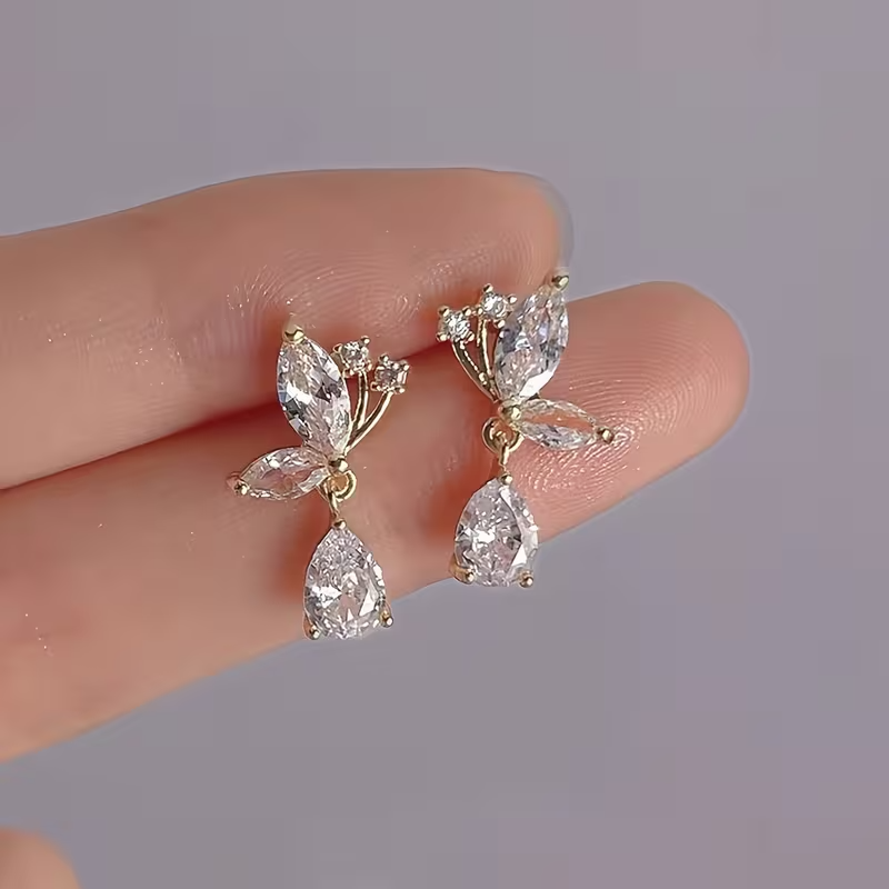 Crystal Butterfly Drop Earrings Gold Tone French Style Dangle Jewellery