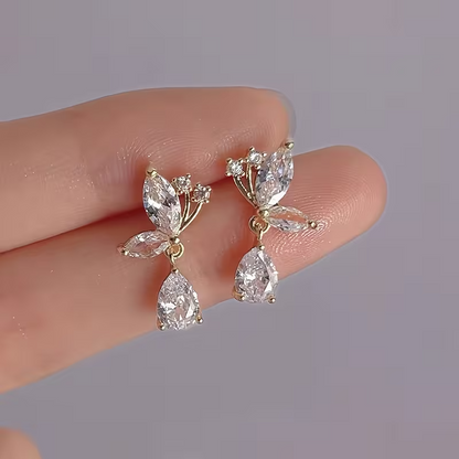 Crystal Butterfly Drop Earrings Gold Tone French Style Dangle Jewellery