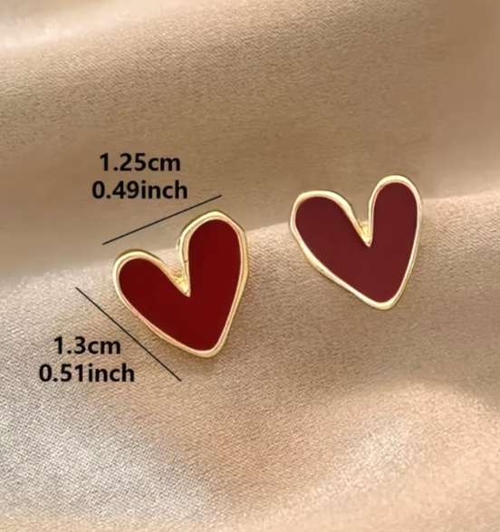 Gold Deep Red Heart Stud Earrings Vintage Boho Dainty Burgundy Minimalist Gift