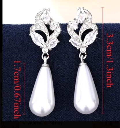 ​Silver Pearl Drop Earrings Bridal Crystal Marquise Flower Wedding Teardrop Gift