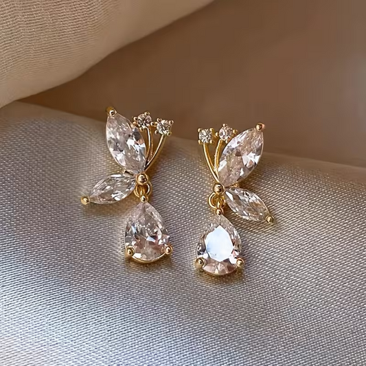 Crystal Butterfly Drop Earrings Gold Tone French Style Dangle Jewellery