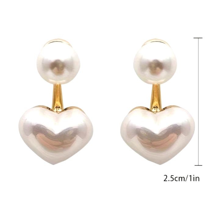2-in-1 Faux Pearl Heart Ear Jacket Stud Earrings Gold Tone Retro Classic Gift