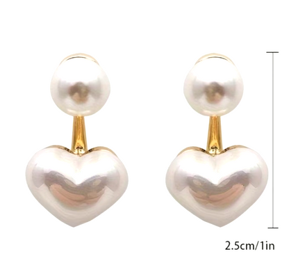 2-in-1 Faux Pearl Heart Ear Jacket Stud Earrings Gold Tone Retro Classic Gift