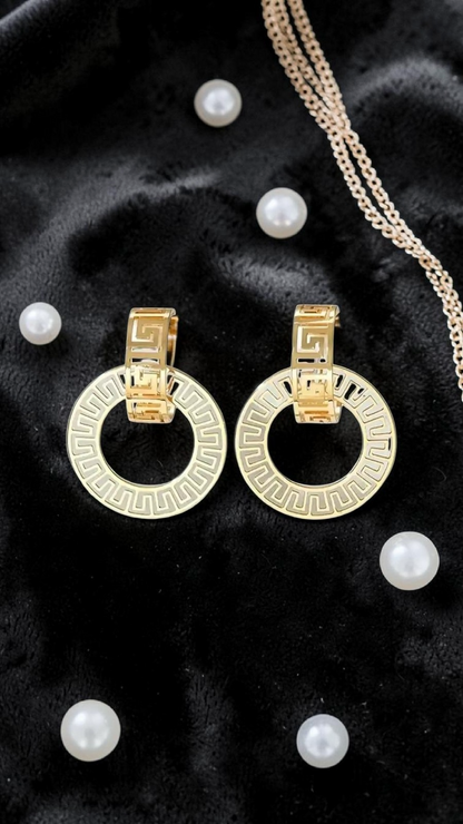 ​Gold Greek Key Earrings Geometric Circular Hoop Drop Dangle Cutout Statement