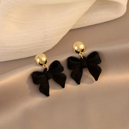 Black Velvet Bow Drop Earrings Gold Tone Statement Fashion Jewellery