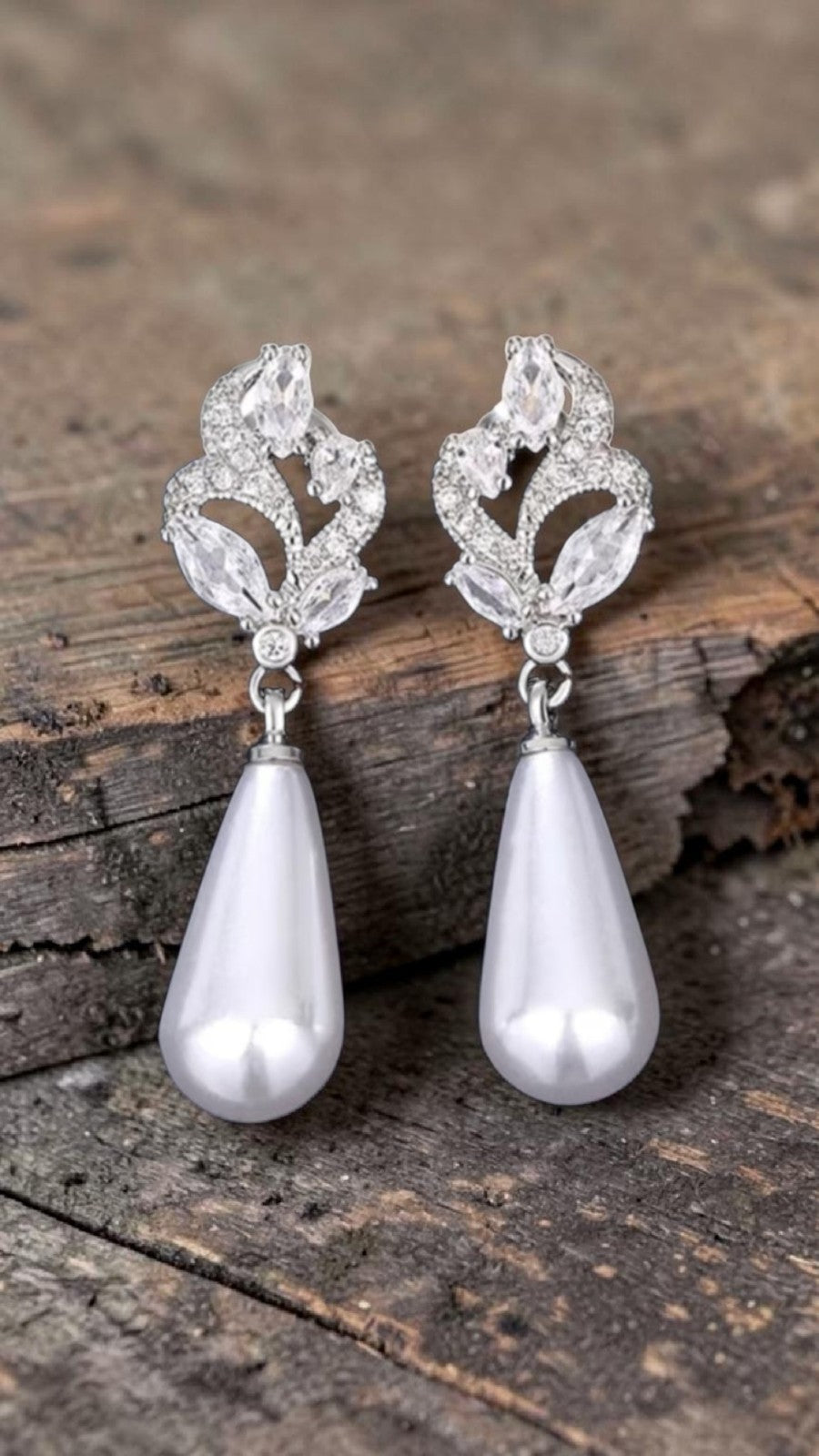 ​Silver Pearl Drop Earrings Bridal Crystal Marquise Flower Wedding Teardrop Gift