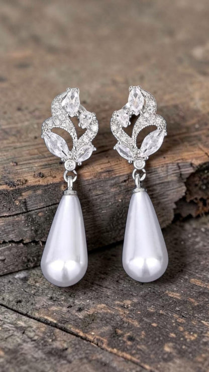 ​Silver Pearl Drop Earrings Bridal Crystal Marquise Flower Wedding Teardrop Gift