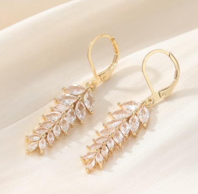 Gold Leaf Dangle Earrings Cubic Zirconia Marquise Drop Bridal Wedding Jewelry