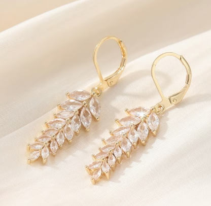 Gold Leaf Dangle Earrings Cubic Zirconia Marquise Drop Bridal Wedding Jewelry