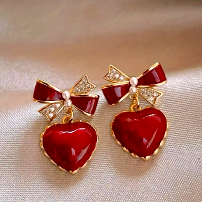 Romantic Red Heart Drop Earrings Gold Tone Bow Crystal Dangle Earrings Cute Gift